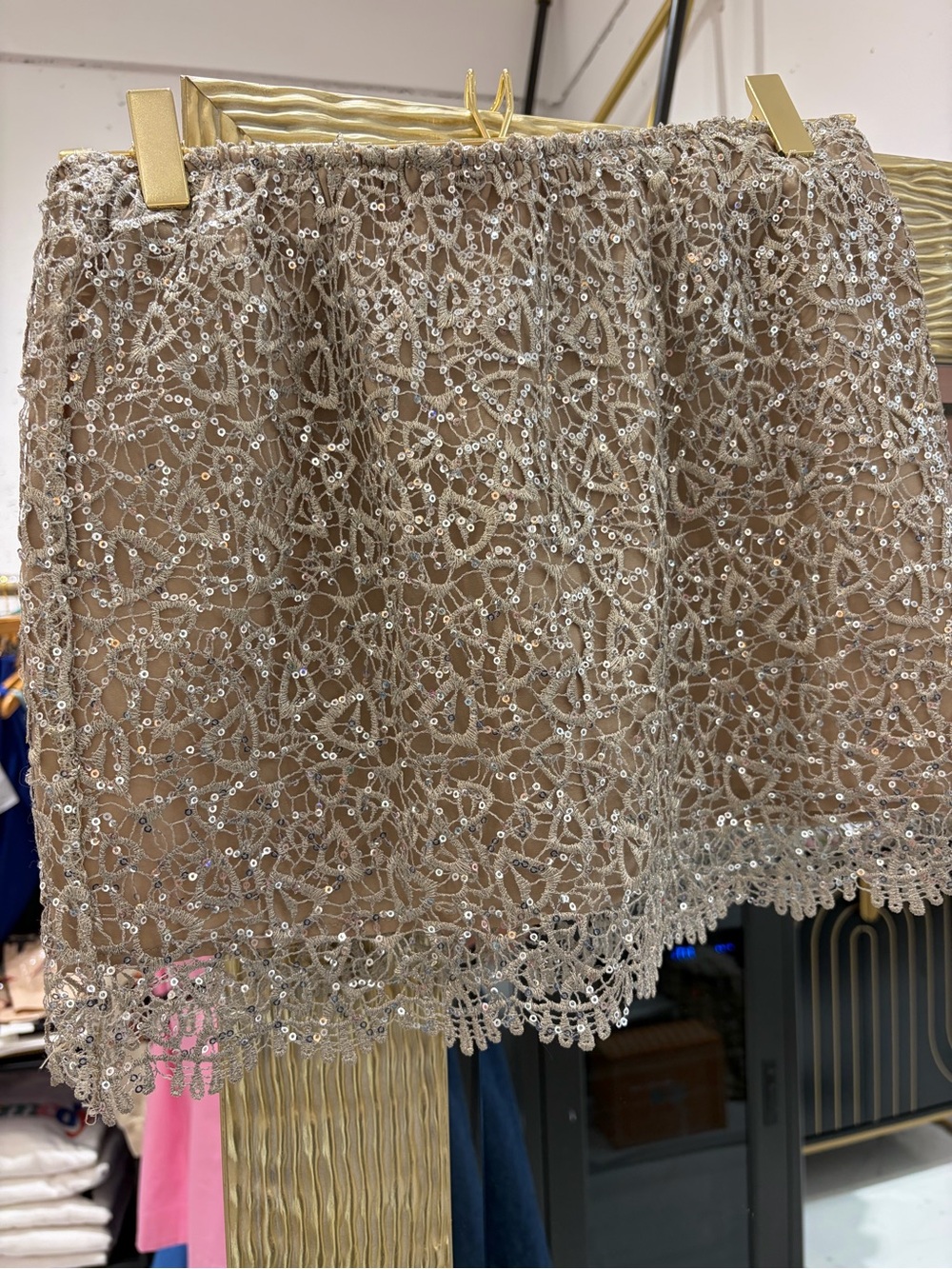 Cove Taupe Beaded Lace Mini Skirt